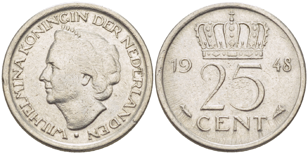 НИДЕРЛАНДЫ 25 ЦЕНТОВ 1948 ВИЛЬГЕЛЬМИНА (1890-1948) KM 177 никель 4181-1238