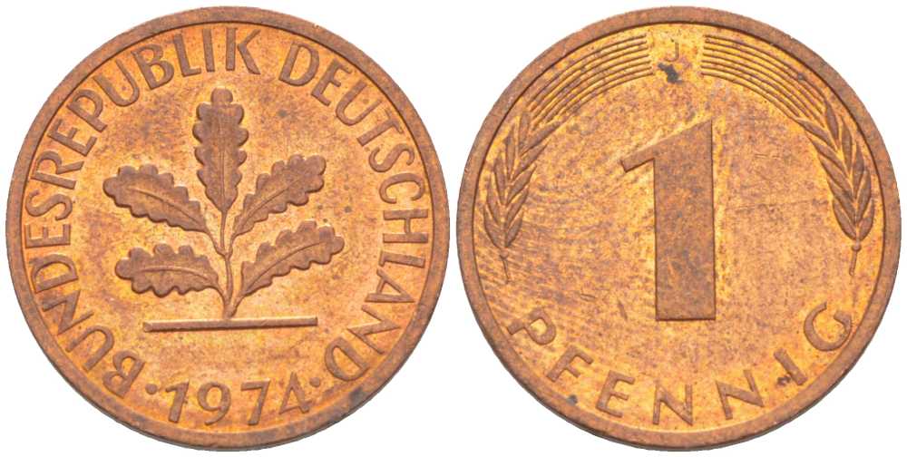 ФРГ 1 ПФЕННИГ 1974 J KM 105, J.380 сталь плакированная медью 66-638