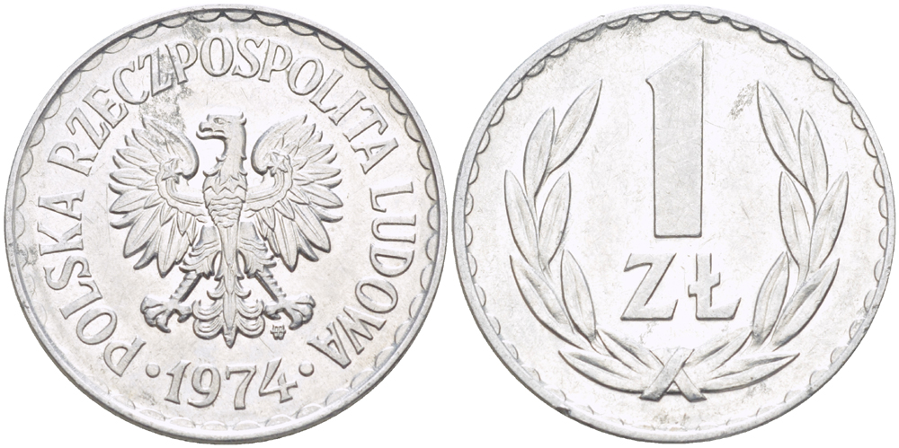 ПОЛЬША 1 ЗЛОТЫЙ 1974 MW KM 49.1, Parchimowicz 213k алюминий 216-824