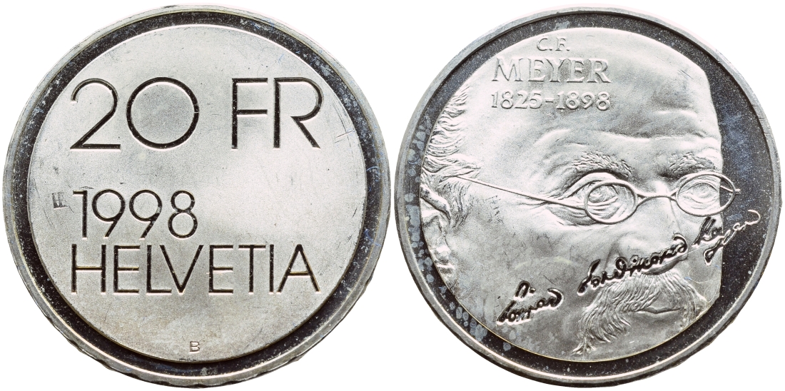 Швейцария 20 франков 1998 В, 100 лет со дня смерти Меера KM 84 серебро PROOF 1524-731