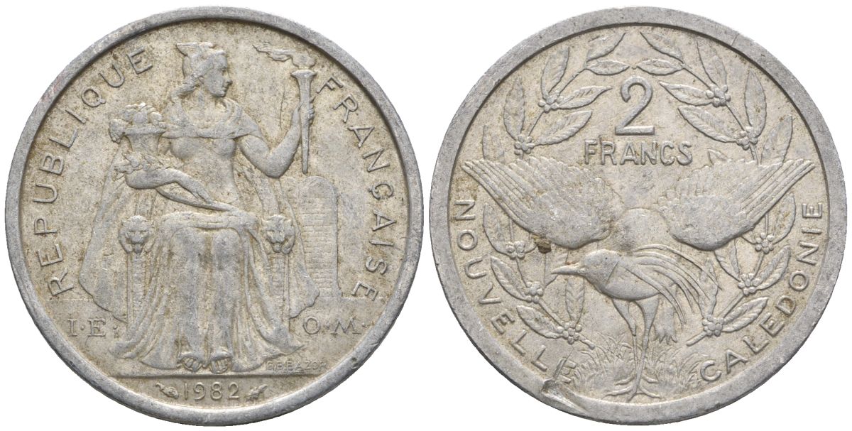 Французская Новая Каледония 2 франка 1982 птица кагу, (IEOM) KM 14, Schoen 11, Lec 62 алюминий    27-522