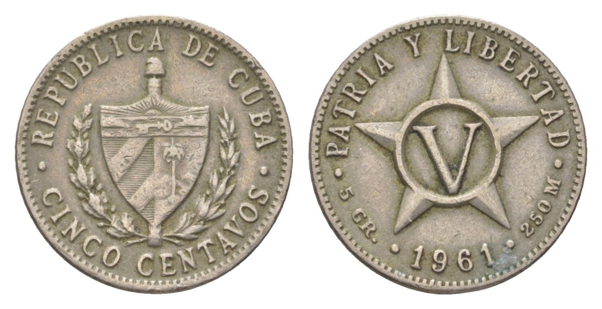 Куба 5 сентаво 1961 звезда, первая Республика (1902-1961) KM 11.3 медно-никель 4623-829