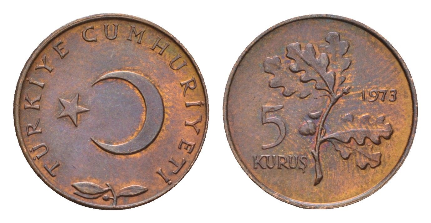 Турция 5 курушей 1973 KM 890.2 бронза UNC 4674-1029