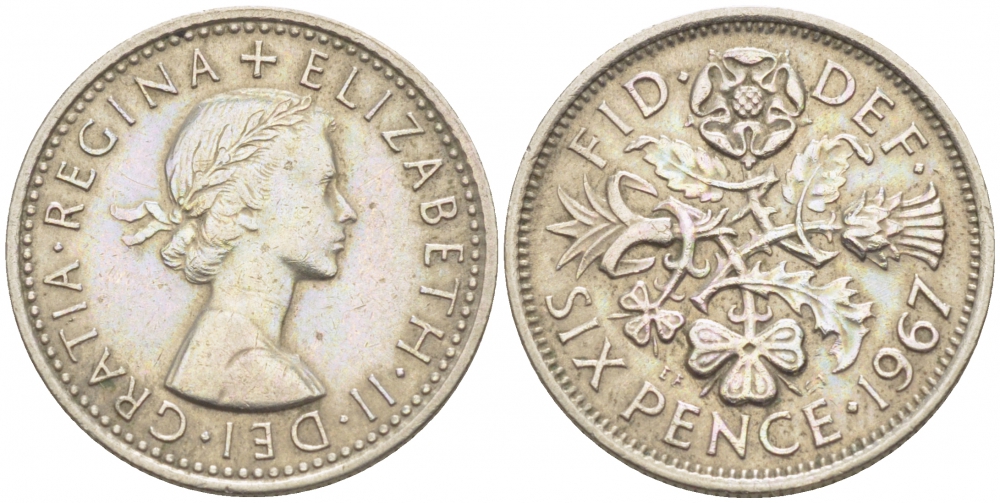 Великобритания 6 пенсов 1967 Елизавета II (1952-2022) KM 903, Spink 4149 медно-никель 3718-262