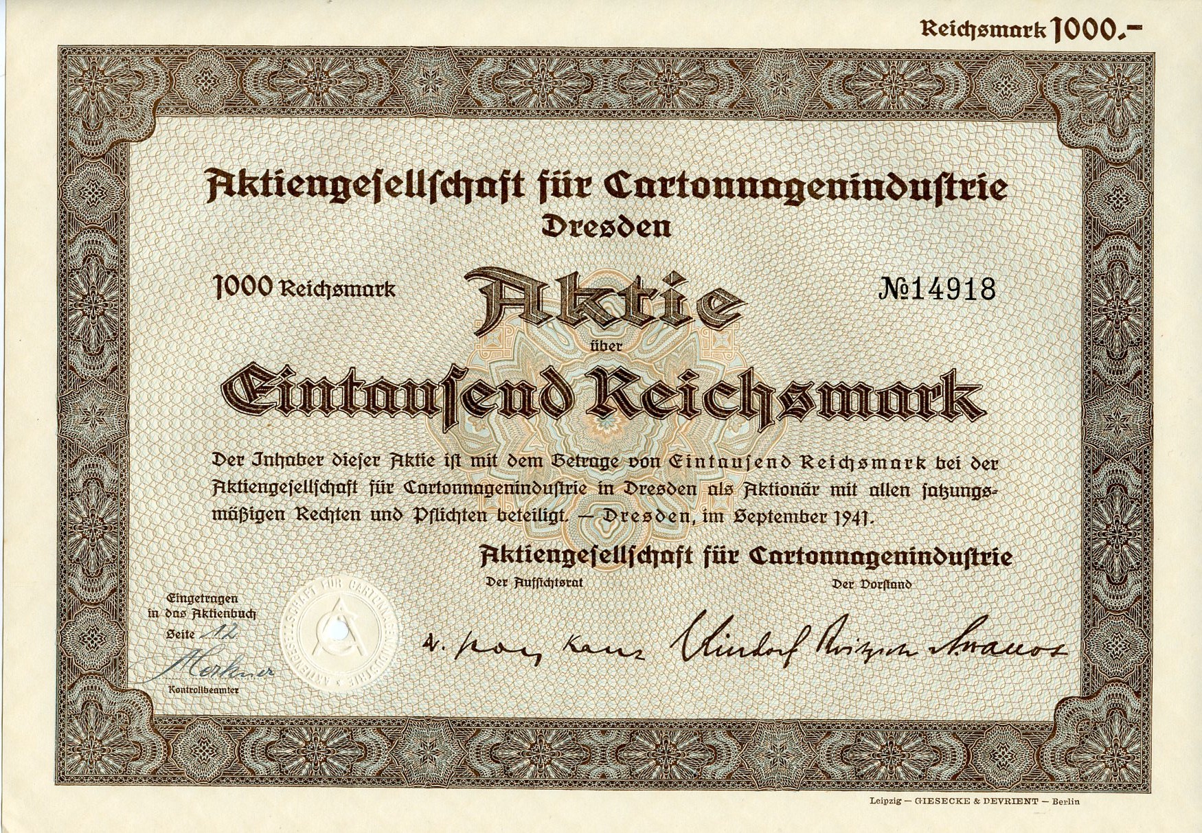 Германия 1000 рейхсмарок 1941 АО картонной промышленности, Дрезден, акция   бумага  8804-97-1