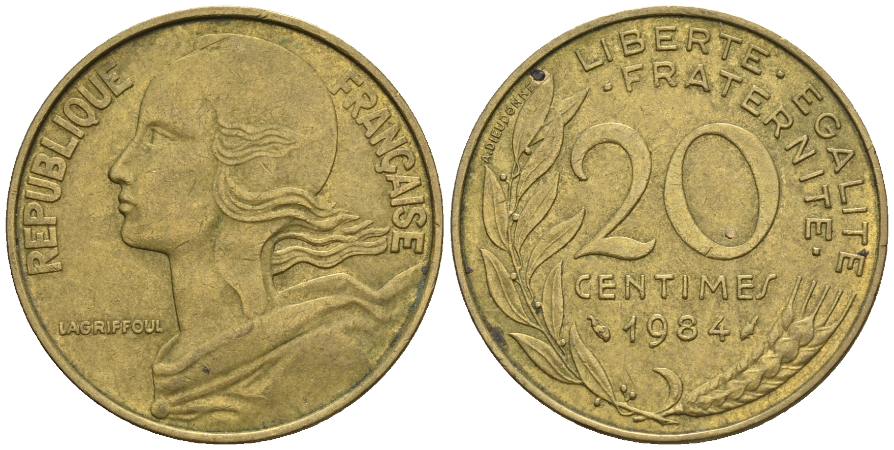 Франция 20 сантимов 1984 тип Marianne KM 930, Le Franс 156.24 медь алюминий никель 85-123