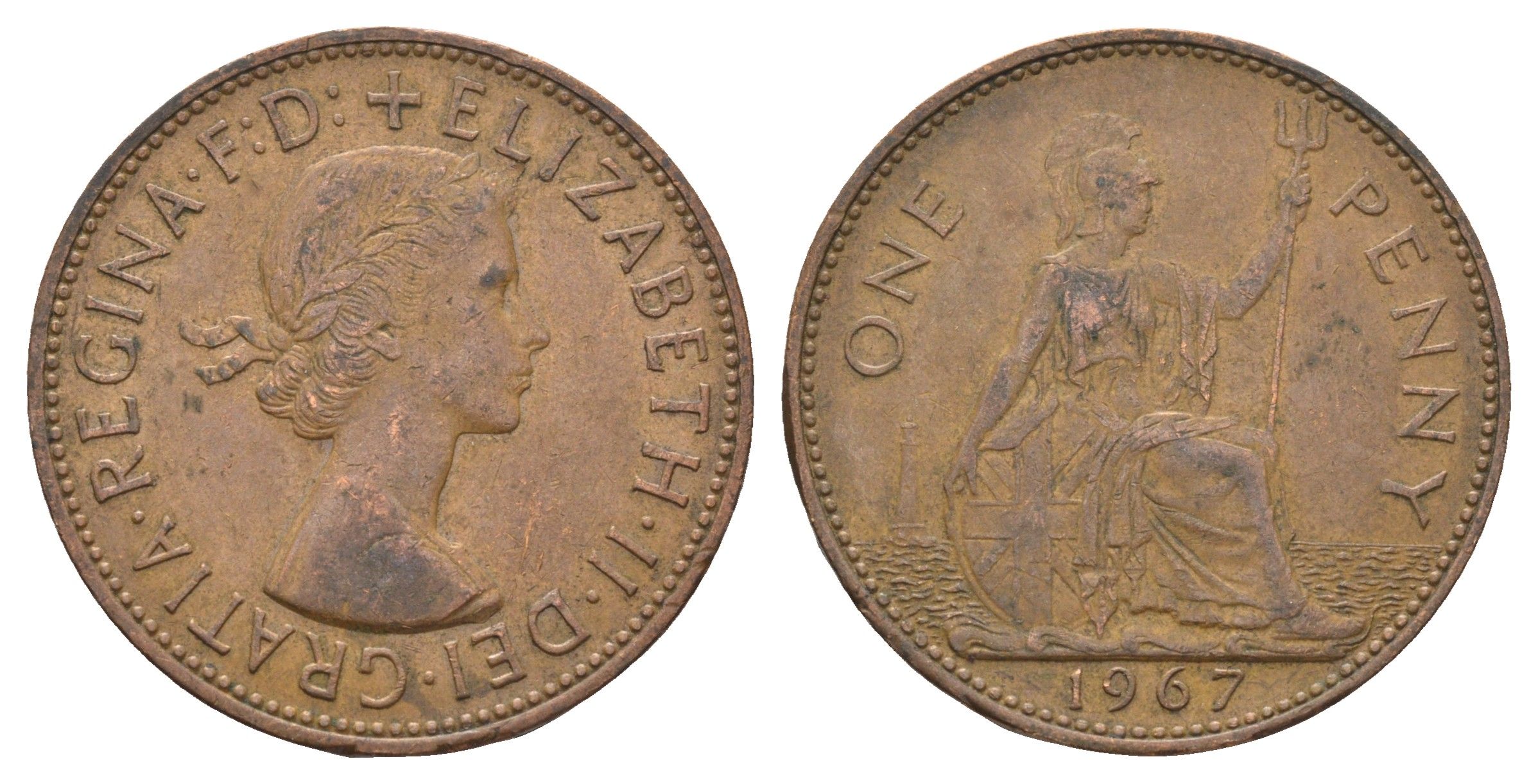 Великобритания 1 пенни 1967 Елизавета II (1952-2022) KM 897, Spink 4157 бронза 4661-1033