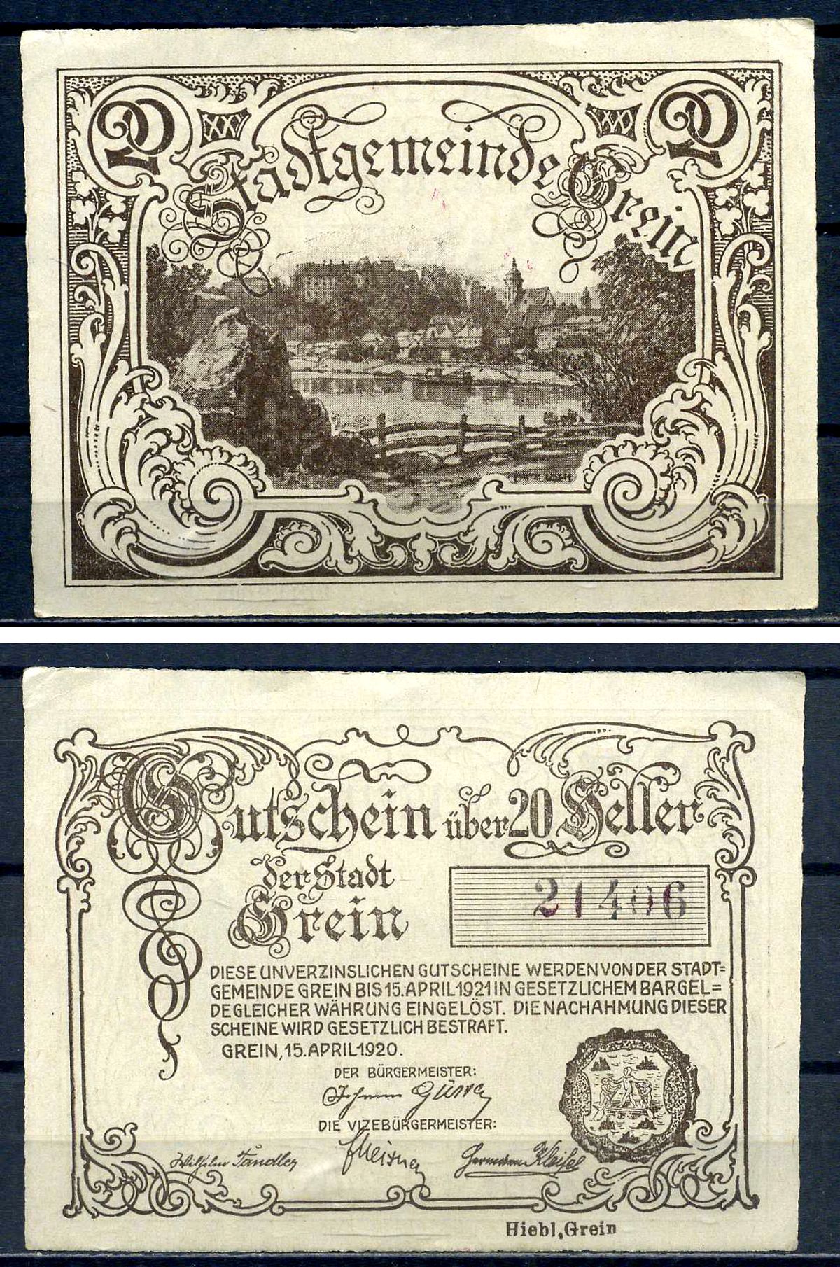 Грайн (Австрия) 20 геллеров 1920 бумага aUNC 7556-36-2-1