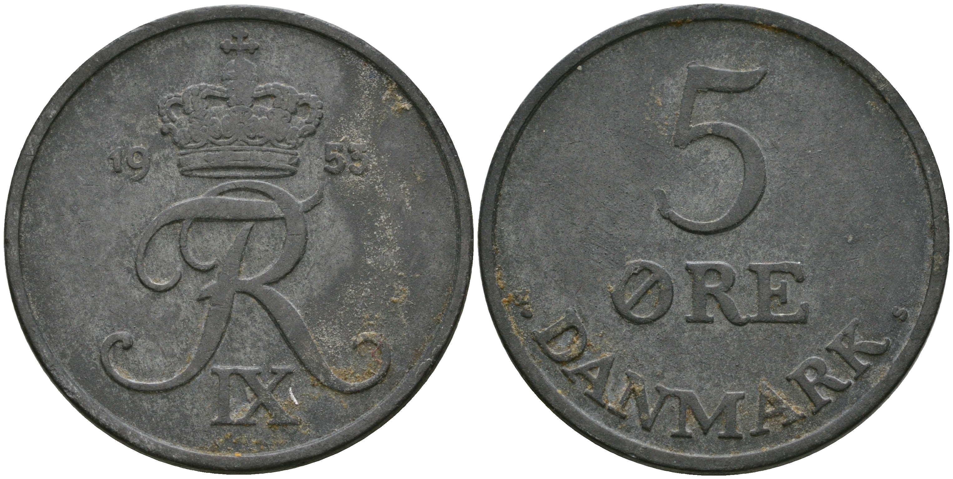 Дания 5 эре 1953 N; S, Фредерик IX KM 843.1 цинк 08-434