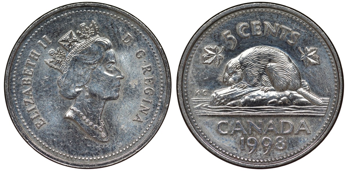 Канада 5 центов 1998 бобр, Елизавета II (1952-) KM 182 медно-никель 4128-557