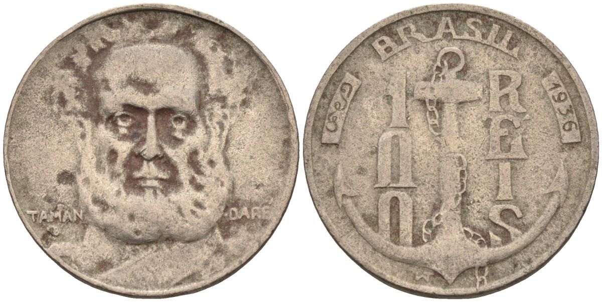 Бразилия 100 рейс 1936 Маркиз Тамандаре KM 536 медно-никель 4115-531