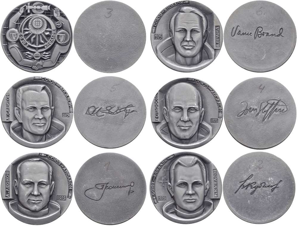 СССР набор из 6 медалей 1975 союз-аполлон, В. Брандт, Д. Слейтон, Т. Стаффорт, А. Леонов, Б. Кубасов, диаметр медалей 40 мм., без коробки  алюминий   UNC 1085-2-41