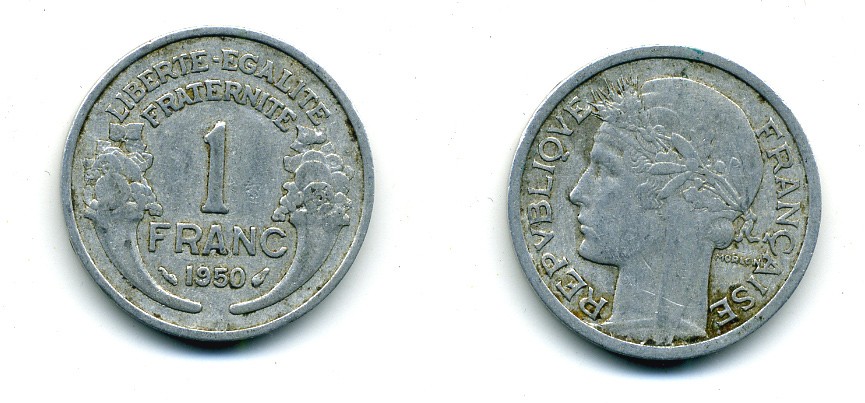 ФРАНЦИЯ 1 ФРАНК 1950 В KM 885а.2 алюминий 84-517