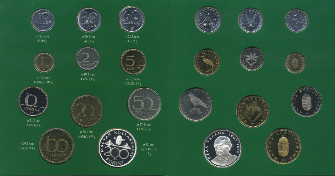 ВЕНГРИЯ НАБОР ИЗ 11 МОНЕТ 1995 10, 20, 50 ФИЛЛЕРОВ, 1, 2, 5, 10 20, 50, 100, 200 ФОРИНТОВ, ОФИЦИАЛЬНЫЙ НАБОР В КАРТОННОМ БУКЛЕТЕ PROOF 00-00