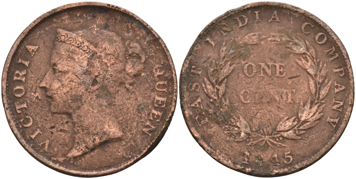 Стрейтс-Сетлментс 1 цент 1845 Виктория (1837-1901), Ост-Индская компания KM 3 медь 4590-221