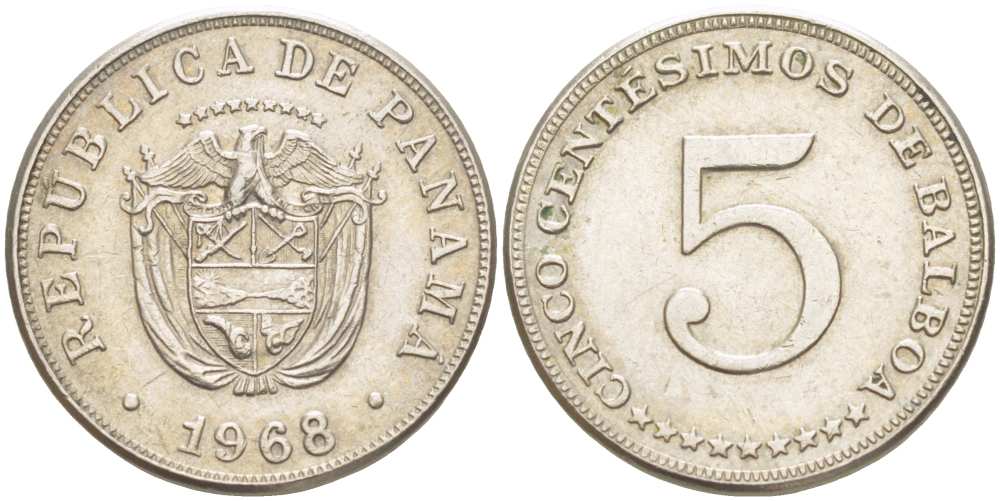 Панама 5 сентесимо 1968 KM 23.2 медно-никель 4513-741
