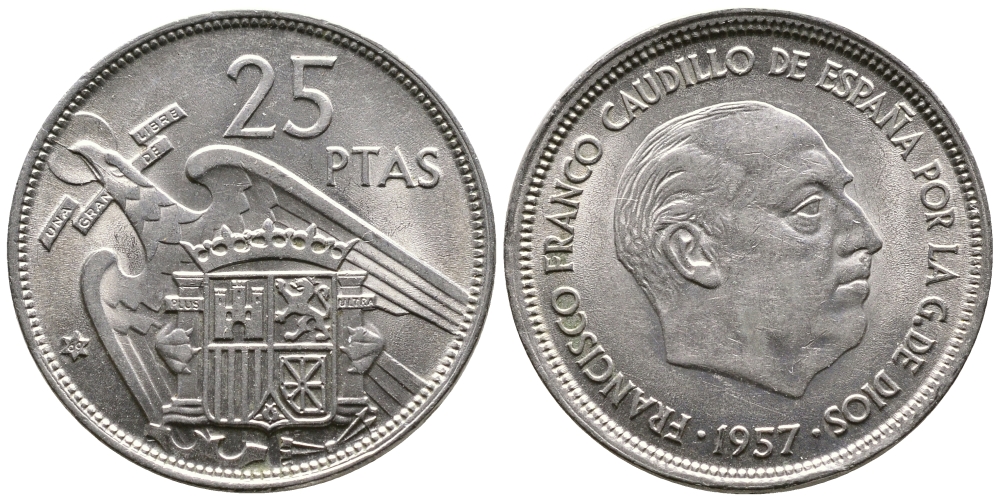 ИСПАНИЯ 25 ПЕСЕТ 1957 (69) ФРАНСИСКО ФРАНКО ДИКТАТОР ИСПАНИИ (1939-1975) KM 787 медно-никель 4110-1541