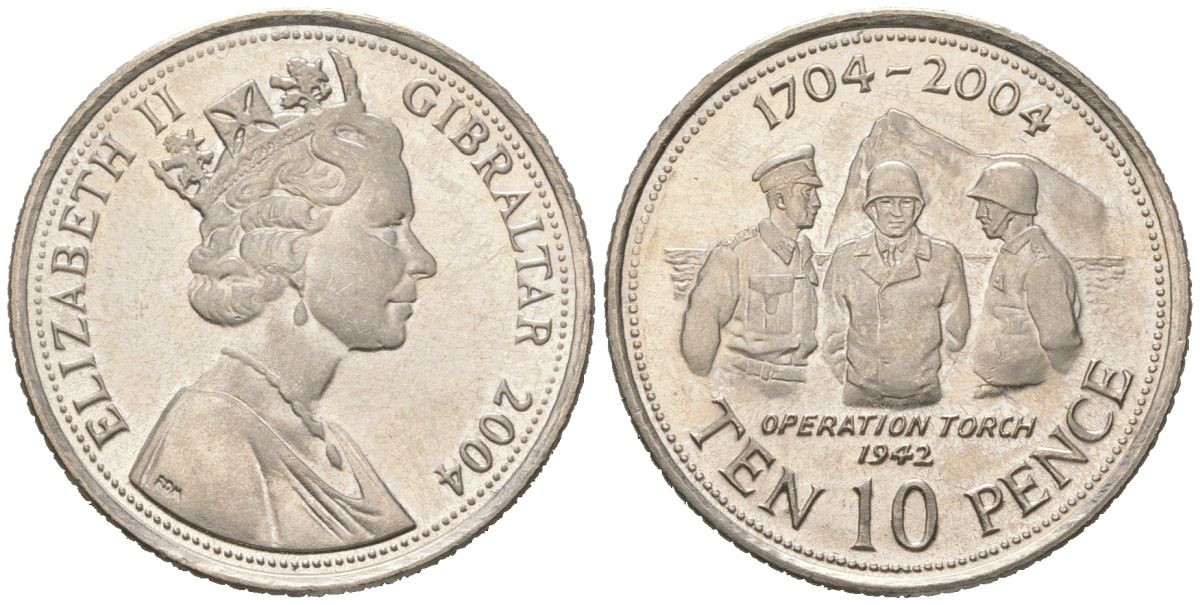 Гибралтар 10 пенсов 2004 300 лет захвату Гибралтара KM 1047 медно-никель UNC 4619-235