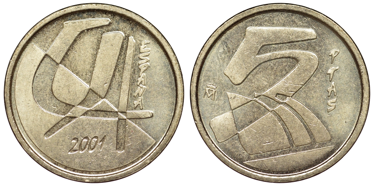 Испания 5 песет 2001 Хуан Карлос I KM 833 алюминиевая бронза 71-1046