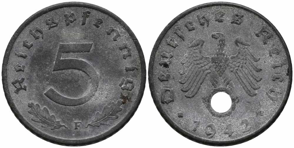 ГЕРМАНИЯ 5 РЕЙХСПФЕННИГОВ 1942 F KM 100, J. 370 цинк 112-129
