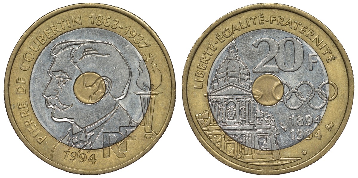 Франция 20 франков 1994 100 лет международному Олимпийскому комитету, Пьер Кубертен KM 1036, Le Franc 405.2 триметалл 4123-732