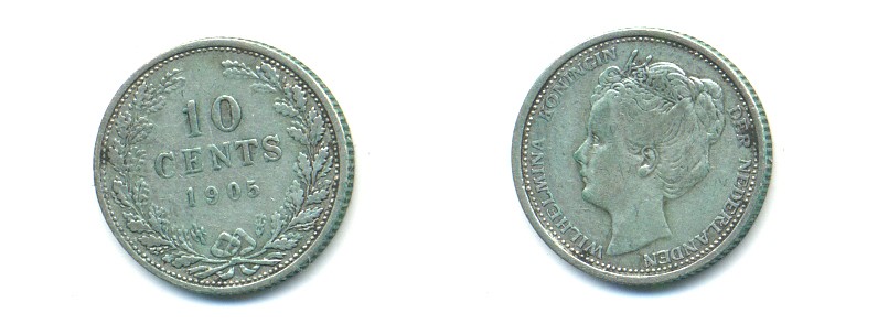 НИДЕРЛАНДЫ 10 ЦЕНТОВ 1905 KM 1326 серебро 84-929