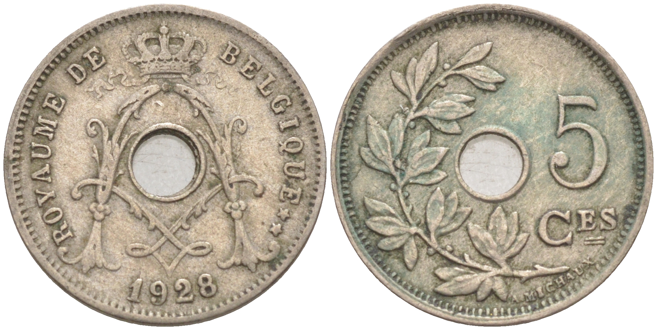 БЕЛЬГИЯ 5 САНТИМОВ 1928 BELGIQUE KM 66 медно-никель 187-938