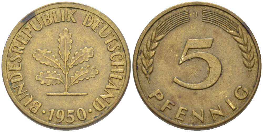 ФРГ 5 ПФЕННИГОВ 1950 J KM 107, J. 382 сталь плакированная латунью 4514-644