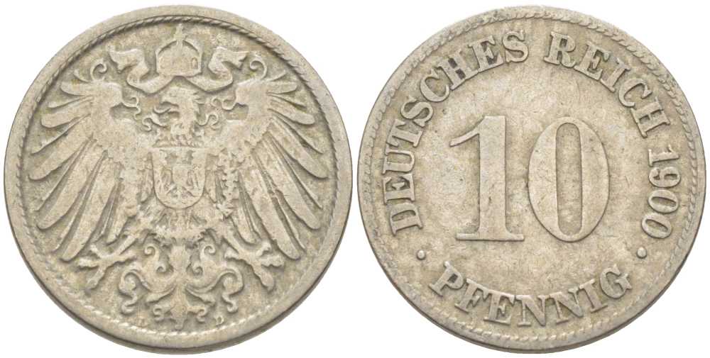 Германия 10 пфеннигов 1900 D KM 12, J. 13 медно-никель 210-635