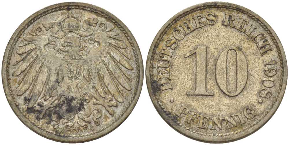 ГЕРМАНИЯ 10 ПФЕННИГОВ 1908 E KM 12, J. 13, Weege 8 медно-никель 212-115