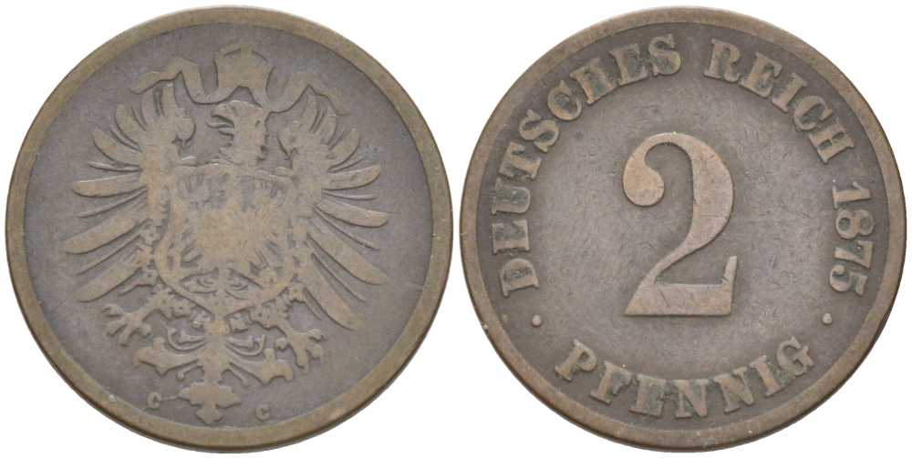 ГЕРМАНИЯ 2 ПФЕННИГА 1875 С, СТАРОГЕРБОВКА KM 2, J. 2, Weege 3 медь 212-516