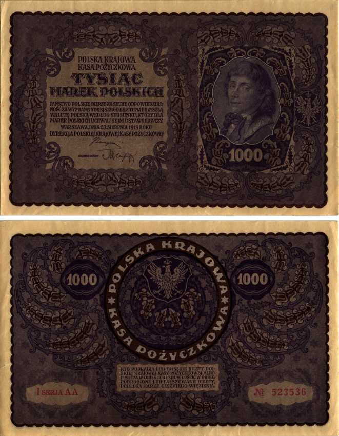 ПОЛЬША 1000 МАРОК 1919 23 АВГУСТА 1919, ТРЕТИЙ ВЫПУСК, ПОРТРЕТ КОСТЮШКО Pick 29 бумага XF 8607-35-1