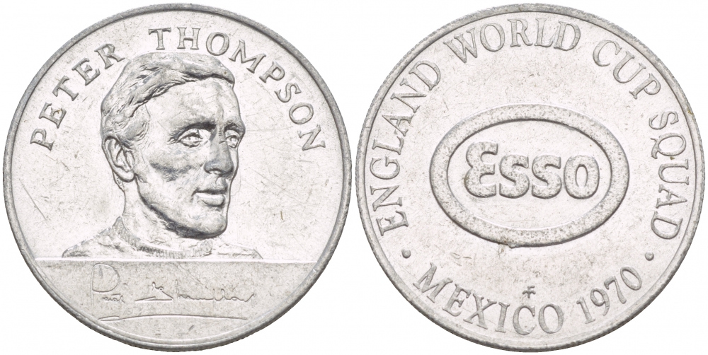 МЕКСИКА ЖЕТОН СПОРТИВНЫЙ 1970 PETER TOMPSON, АНГЛИЙСКИЙ КУБОК ЧЕМПИОНОВ, ГУРТ РУБЧАТЫЙ, ESSO алюминий 4544-827
