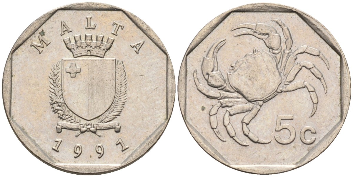 Мальта 5 центов 1991 краб KM 95 медно-никель 4588-122