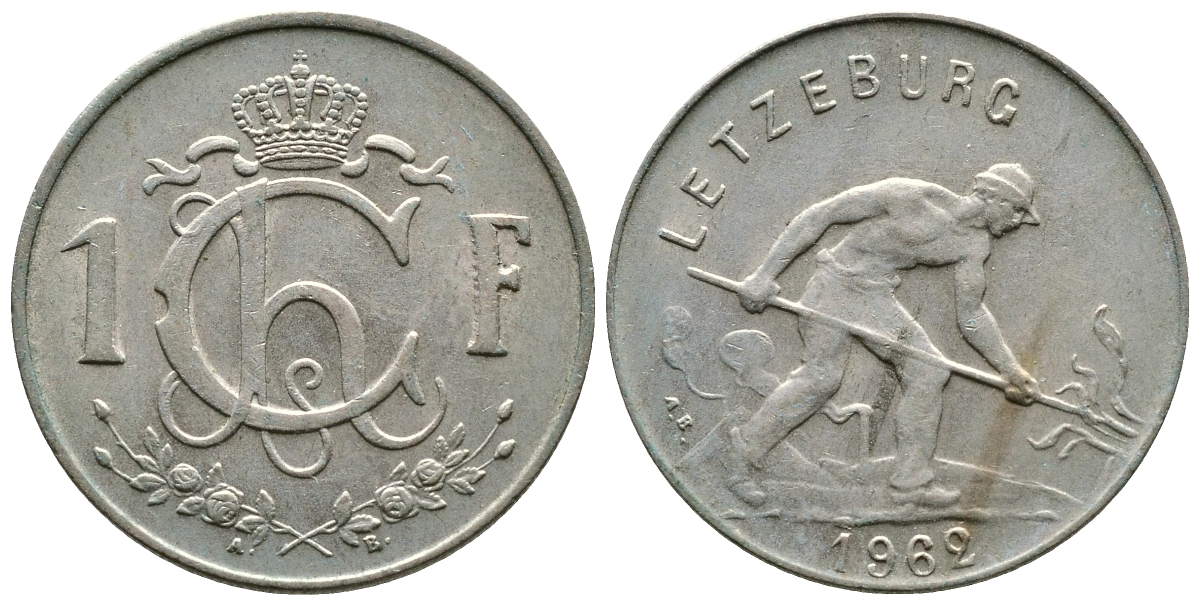 Люксембург 1 франк 1962 сталевар KM 46.2 медно-никель 4383-332