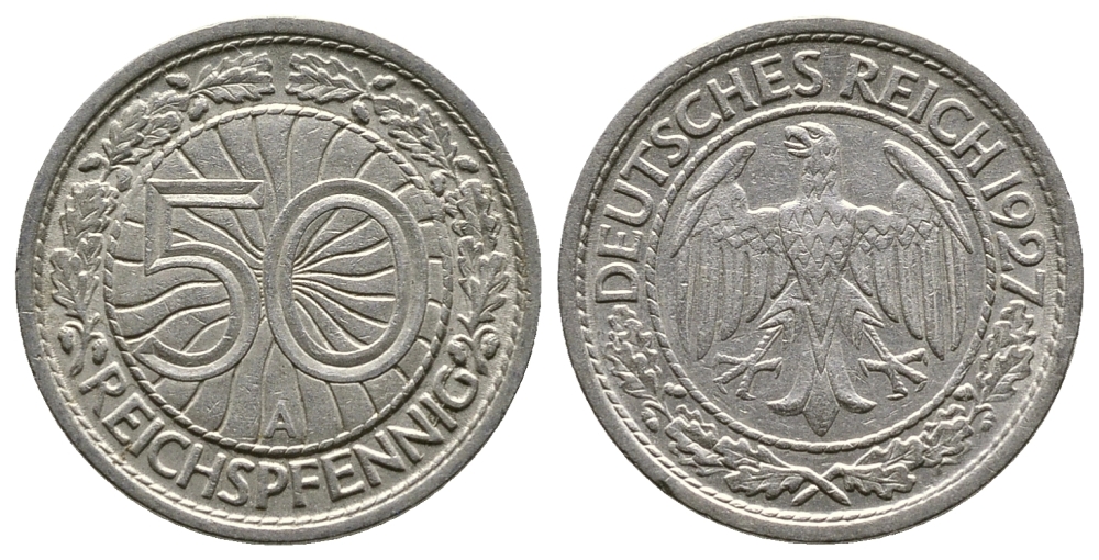 Германия 50 рейхспфеннигов 1927 A KM 49, J. 324 никель 4380-346