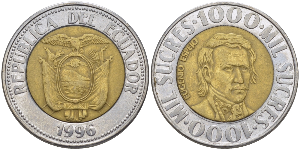 ЭКВАДОР 1000 СУКРЕ 1996 ЭУХЕНИО ЭСПЕХО KM 99 биметалл 31-437