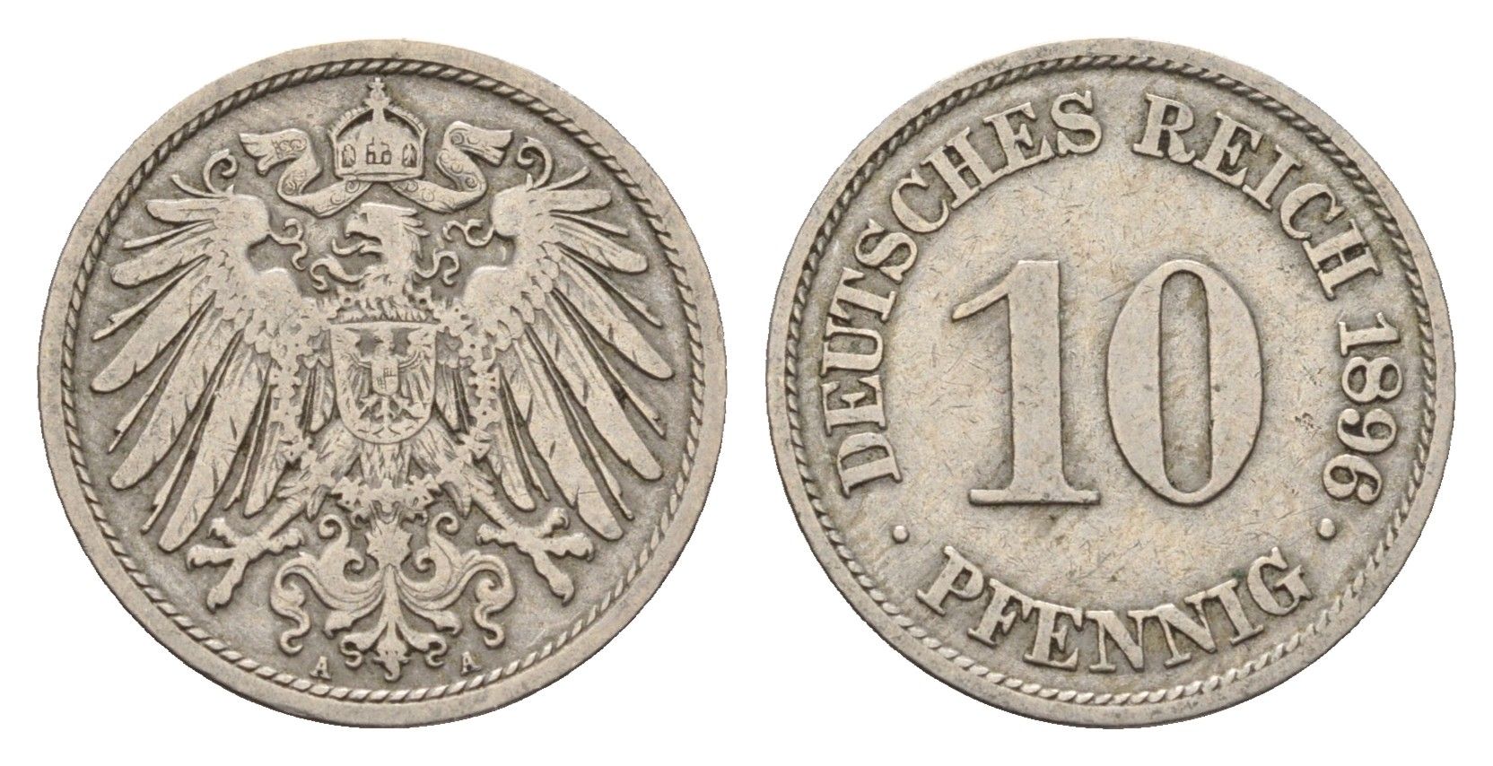 Германия 10 пфеннигов 1896 A, Вильгельм II (1888-1918) KM 12, J. 13 медно-никель 4636-1147