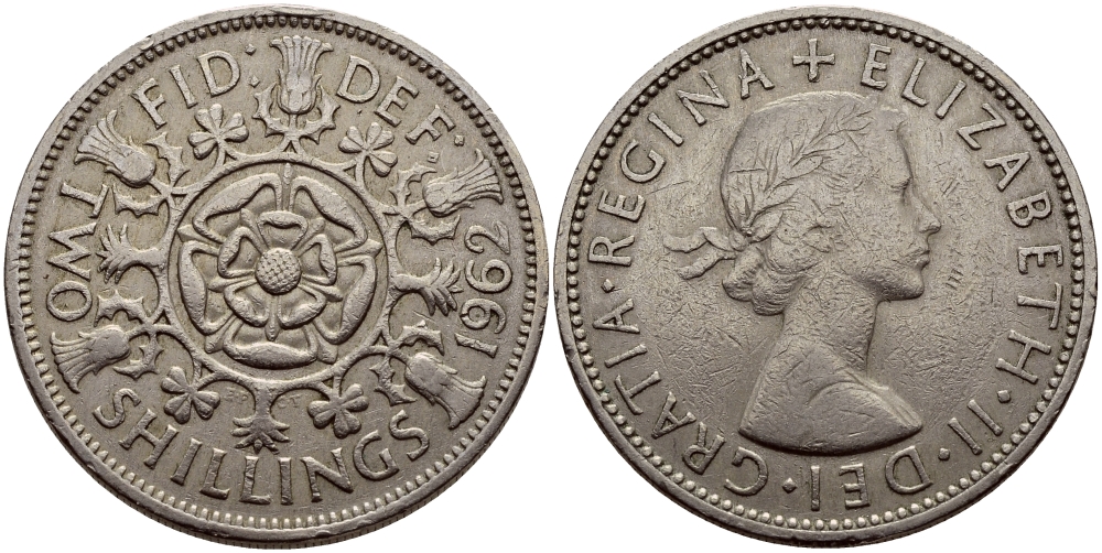 Великобритания 2 шиллинга (флорин) 1962 Елизавета II (1952-2022) KM 906, Spink 4146 медно-никель 83-1727