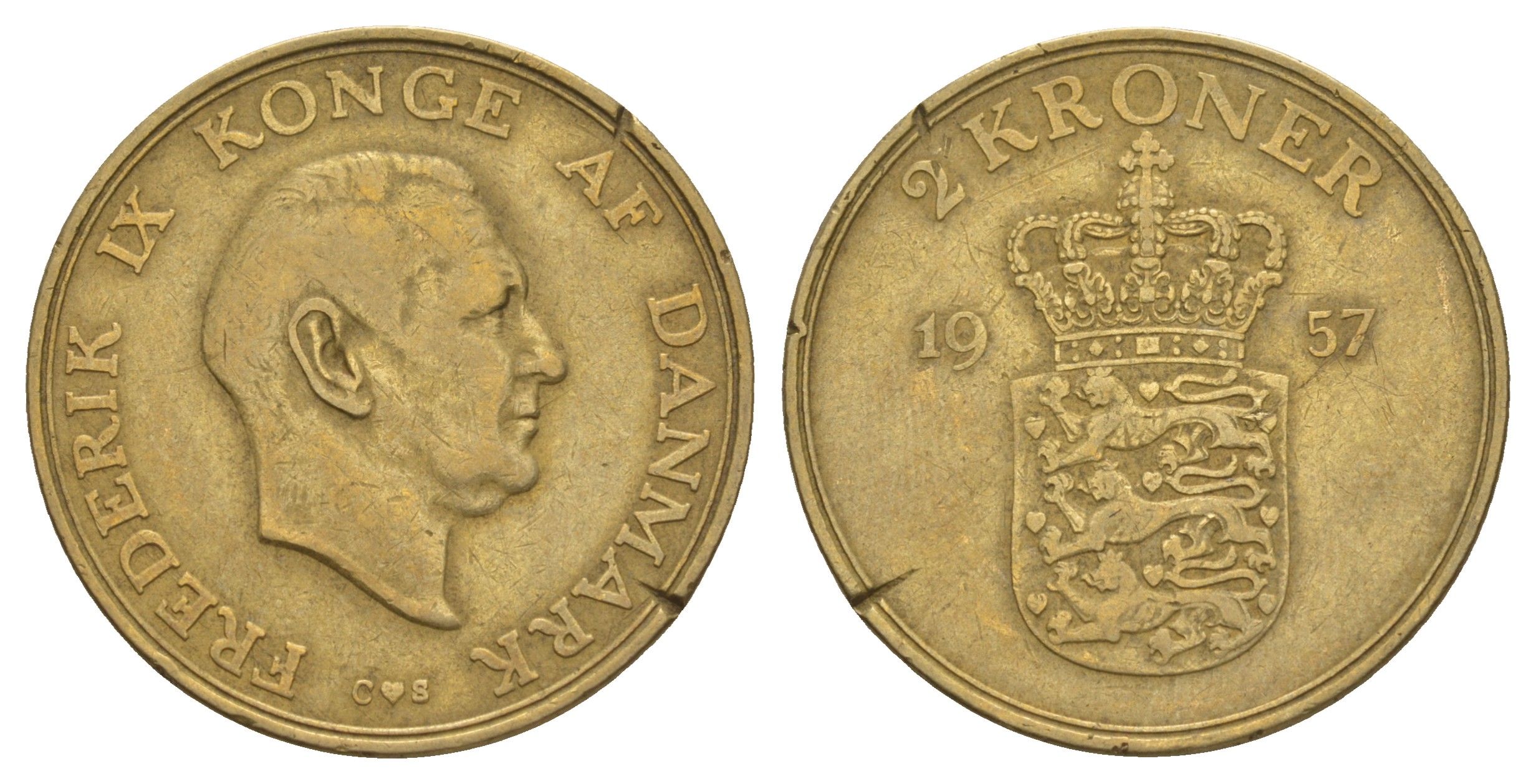 Дания 2 кроны 1957 C, Фредерик IX (1947-1972) KM 838 алюминиевая бронза 4653-1144