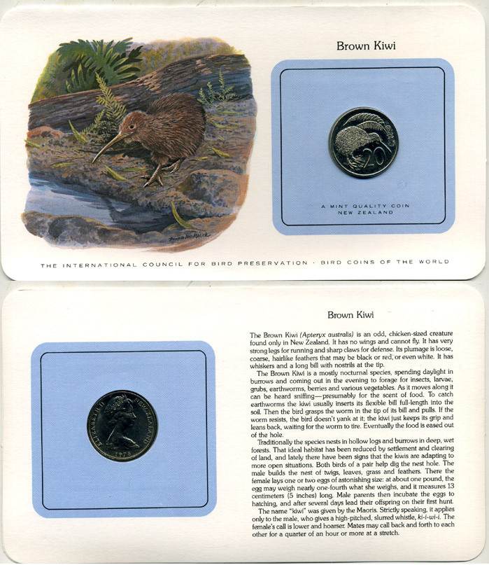 Новая Зеландия 20 центов 1978 Елизавета II (1952-2022), птичка киви, СЕРИЯ МОНЕТЫ МИРА С ИЗОБРАЖЕНИЕМ ПТИЦ, В ОРИГИНАЛЬНОМ БУКЛЕТЕ С ОПИСАНИЕМ KM 36.1 медно-никель UNC 5121-3