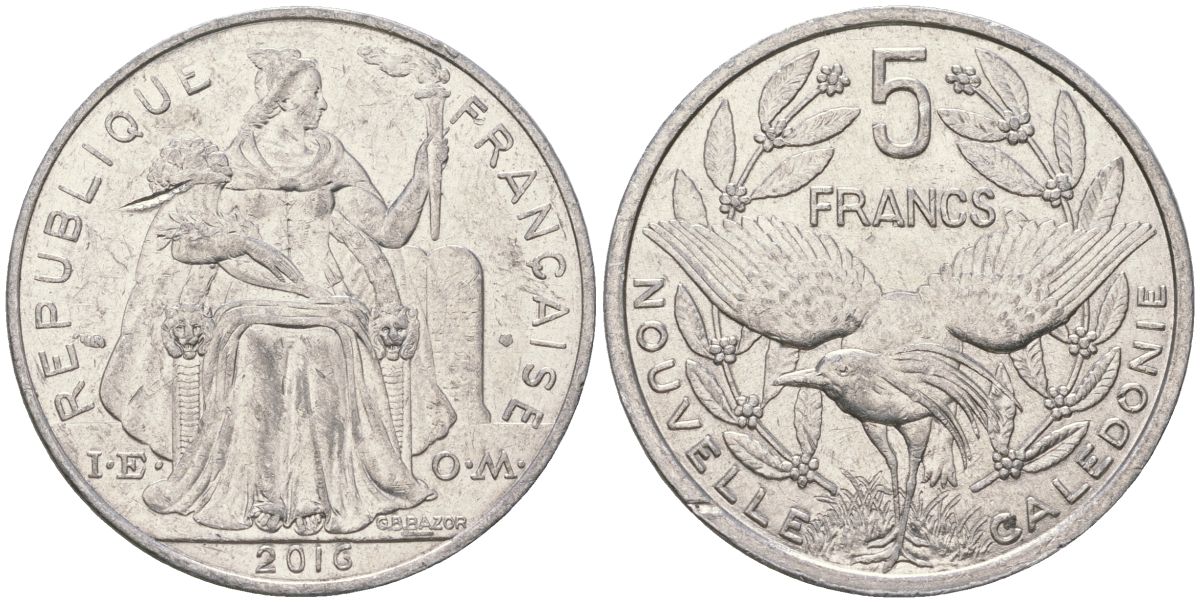 Французская Новая Каледония 5 франков 2016 птица кагу, (IEOM) KM 16, Schoen 12, Lec 81k алюминий 4117-1246