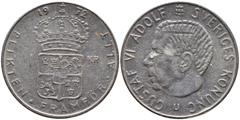 Швеция 1 крона 1972 Густав VI Адольф (1950-1973) KM 826a медь плакированная медно-никелем 4395-114