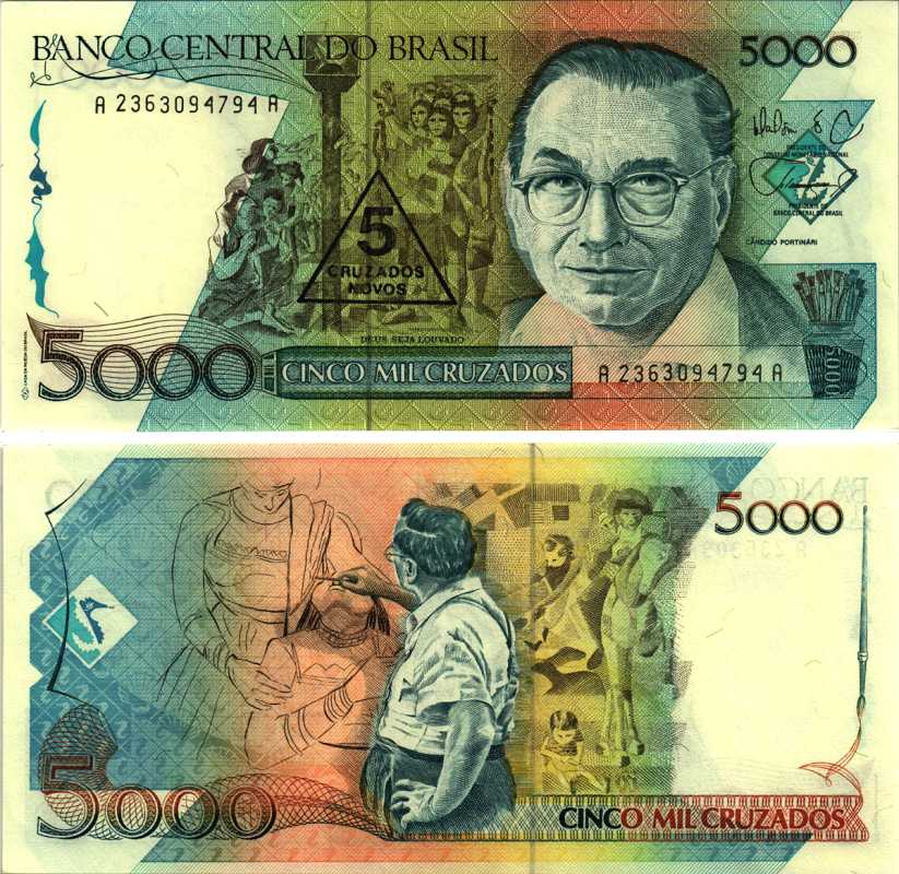 БРАЗИЛИЯ 5 КРУЗАДО НОВЫХ 1989 НАДПЕЧАТКА НА 5000 КРУЗАДО, СЕРИЯ 2363 Pick 217а бумага UNC (ПРЕСС) 7205-40-3-2