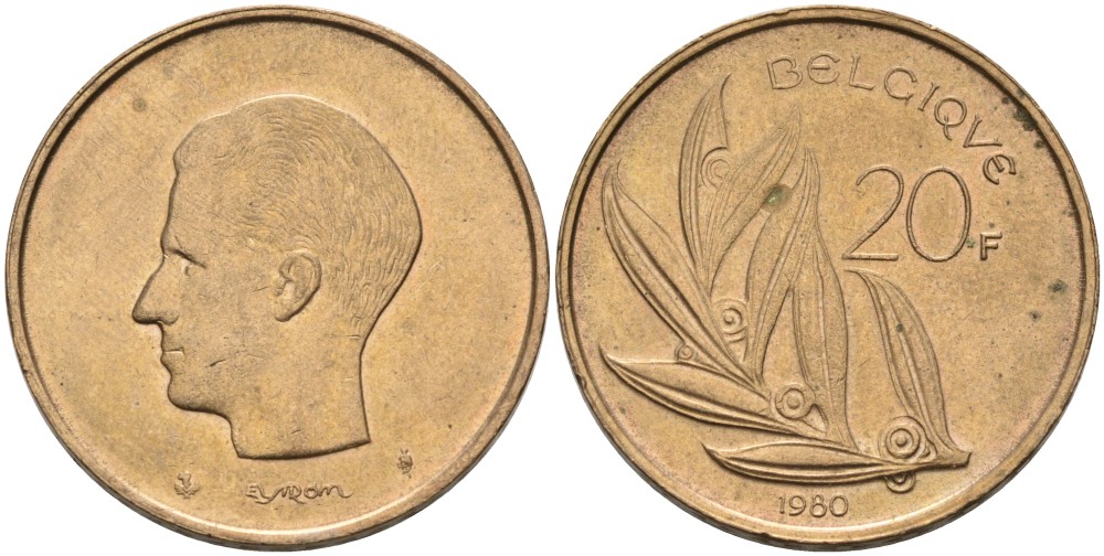 Бельгия 20 франков 1980 Belgique, Бодуэн I (1951-1993) KM 159 никель бронза UNC 4561-221