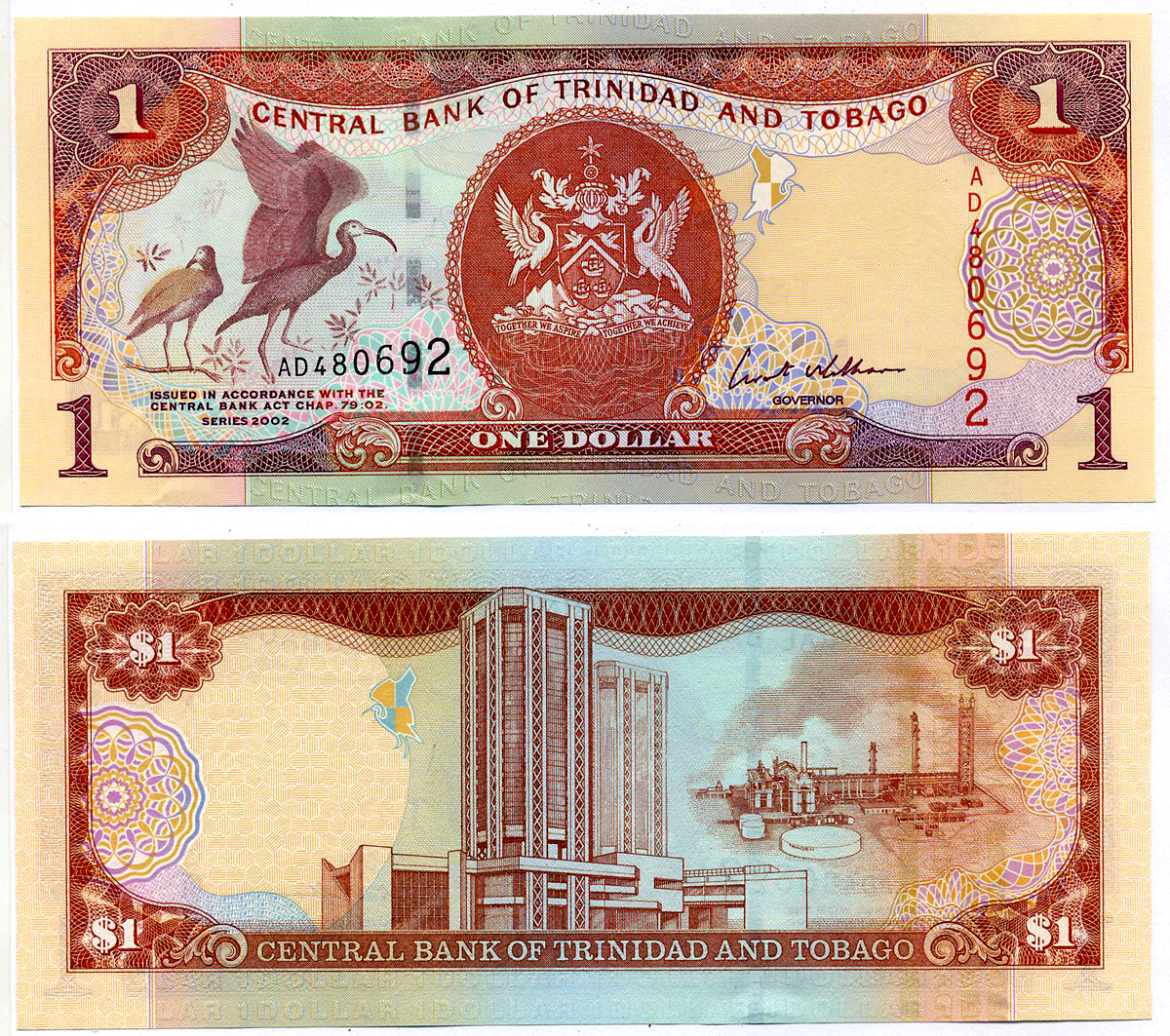 Тринидад и Тобаго 1 доллар 2002 подпись 8, номер красный Pick 41b бумага UNC (пресс) 2197-14-2-2