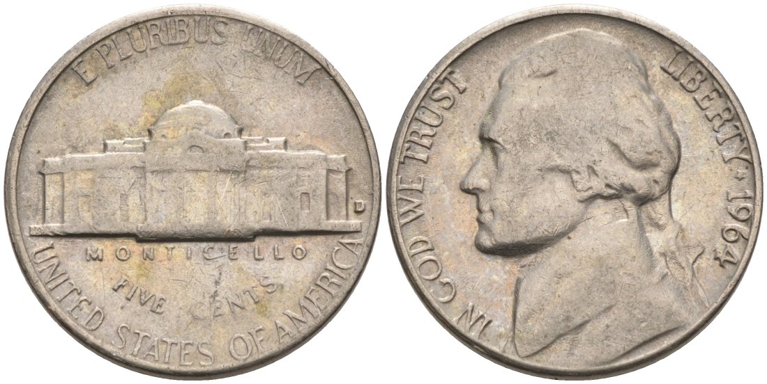 США 5 центов 1964 D, Джефферсон KM А192 медно-никель 92-1124