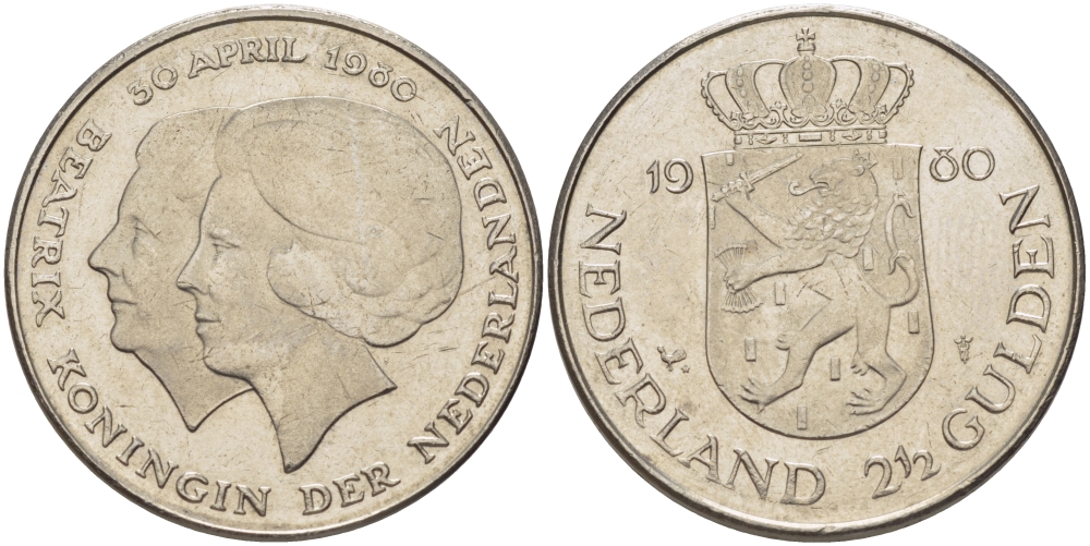 Нидерланды 2 1/2 гульдена 1980 коронация Беатрикс, 30 апреля 1980 KM 201 никель 38-132
