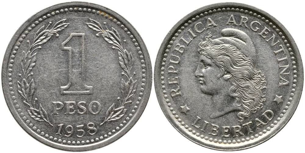 Аргентина 1 песо 1958 голова свободы влево KM 57 сталь плакированная никелем 4525-915