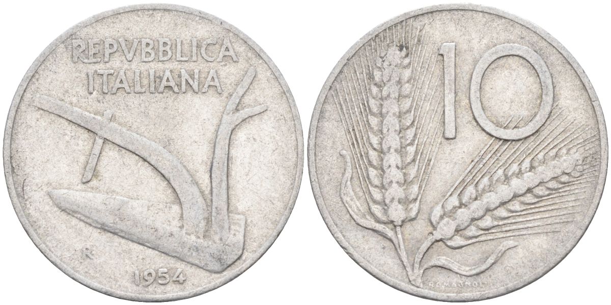 Италия 10 лир 1954 R, плуг, колосья KM 93 алюминий 4538-437